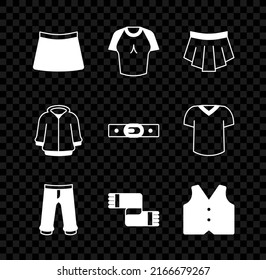 Set Skirt, T-shirt, Pants, Winter scarf, Waistcoat, Hoodie and Belt icon. Vector