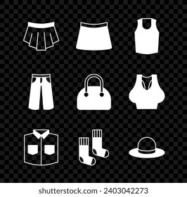 Set Skirt, Undershirt, Shirt, Socks, Man hat, Pants and Handbag icon. Vector