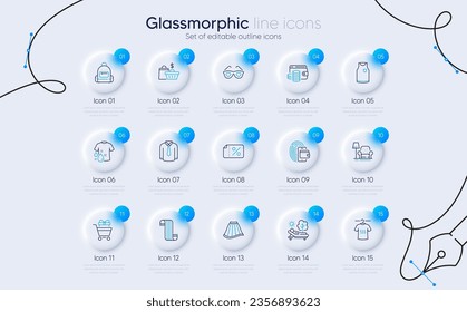 Set of Skirt, Wallet money and Scarf line icons for web app. T-shirt, Shirt, Wallet icons. Lounger, Sale bags, Armchair signs. Dry t-shirt, Love glasses, Shopping trolley. Backpack. Vector