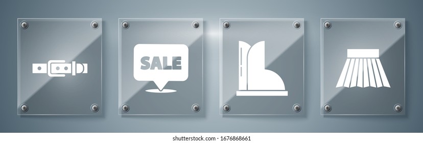 Set Skirt, Waterproof rubber boot, Hanging sign with Sale and Leather belt. Square glass panels. Vector