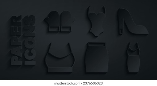 Set Skirt, Woman shoe, Female crop top, dress, Swimsuit and Christmas mittens icon. Vector