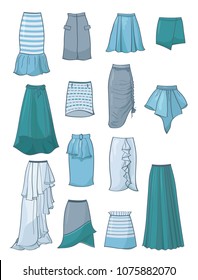 Set of skirts with asymmetry and folds,in grey, blue,turquoise and white colours, isolated on white backgroud