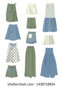Set of skirts loose and with pockets, different models, isolated on white background.