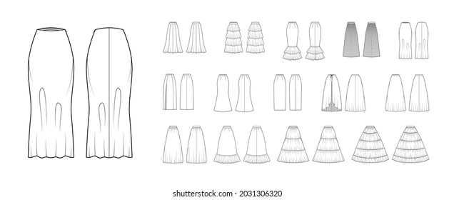 Set of Skirts maxi technical fashion illustration with floor lengths fitted silhouette, pencil circular fullness,. Flat bottom template front, back, white color style. Women men unisex CAD mockup