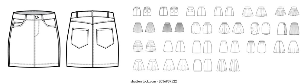 Set of Skirts technical fashion illustration with knee mini lengths silhouette, A-line, pencil circular fullness. Flat bottom template front, back, white color style. Women, men, unisex CAD mockup
