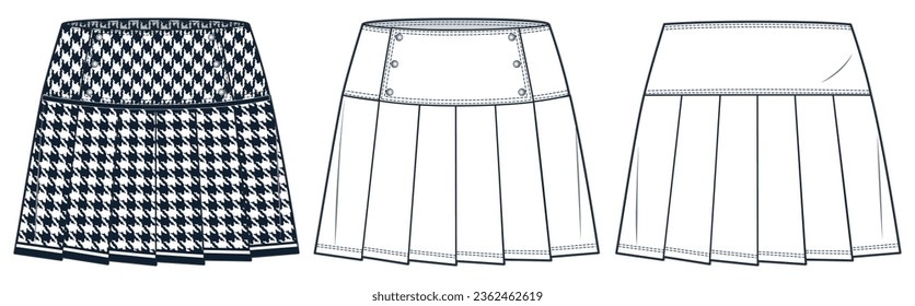 Set of Skirts technical fashion illustration, houndstooth design. Pleated Skirt fashion flat technical drawing template, mini length, button up, front, back view, white, women, men, unisex CAD mockup 