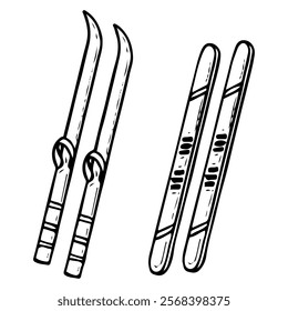 Set of skis hand drawn doodle. Downhill. Sports equipment. Long runners for walking on snow. Ski resort. Winter games tool. Vacation. Holiday rest. Vector line art illustration.