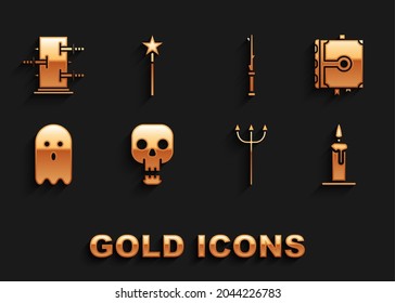 Set Skull, Ancient magic book, Burning candle in candlestick, Neptune Trident, Ghost, Magic wand, Trunk for tricks and  icon. Vector