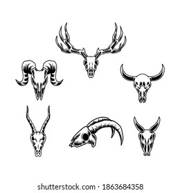 set of skull animal heads ,hand drawn