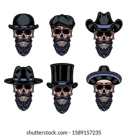 Set of skull beard in hat, hand drawn line with digital color, vector illustration