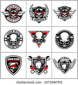 set of skull biker emblem logo for motorcycle club, motorcycle workshops and costumes
