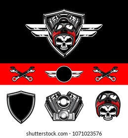 set of skull biker wear hekmet. including v-twin engine harley davidson, wrench, wing and shield