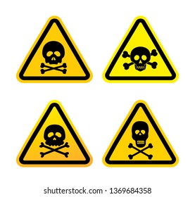 Set of Skull and bones logo warning attention icon. Poison symbol. Flat design style. Attention sign with exclamation mark icon. Risk sign. Vector illustration. Isolated on white background.
