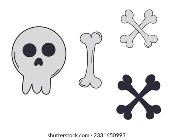 Set of skull and bones. Vector icon. Halloween elements. Mortal symbol. Cartoon Style.