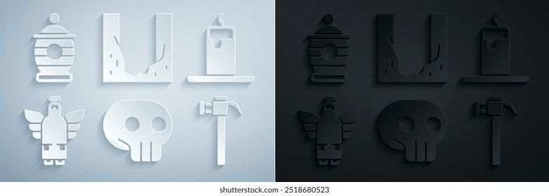 Conjunto de cráneo, vela ardiente, ángel de Navidad, martillo, cementerio cavado agujero de tumba e icono de funeral. Vector