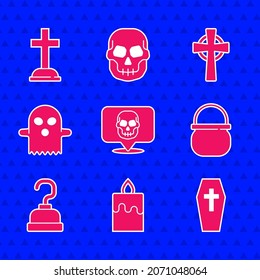 Set Skull, Burning candle, Coffin with cross, Halloween witch cauldron, Pirate hook, Ghost, Tombstone and  icon. Vector