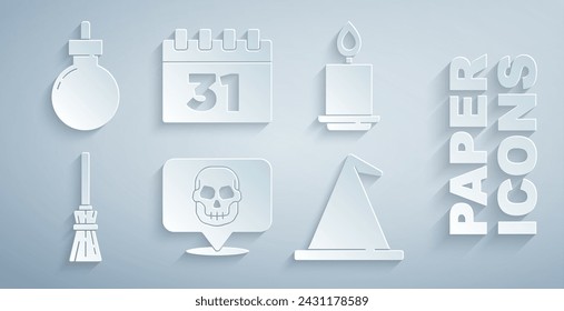 Set Calavera, Vela ardiente, Escoba de brujas, sombrero, calendario con Halloween y bomba listo para explotar icono. Vector