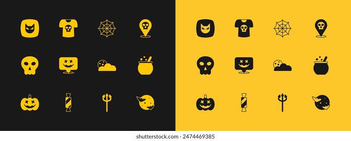 Set Skull, Candy, Moon stars, Trident devil, Happy Halloween holiday, Spider web, Black cat and Shirt with skull icon. Vector