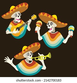 Set Skull Cartoon Mexican Character