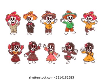 Set of skull character hand-drawn illustration, day of the dead character.