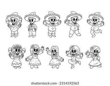 Set of skull character outline sketch hand-drawn illustration, day of the dead character.
