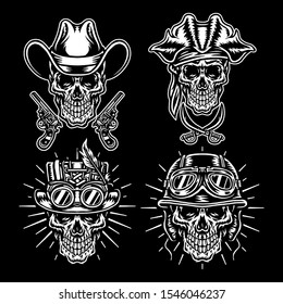 Set of skull characters, Isolated on dark background
