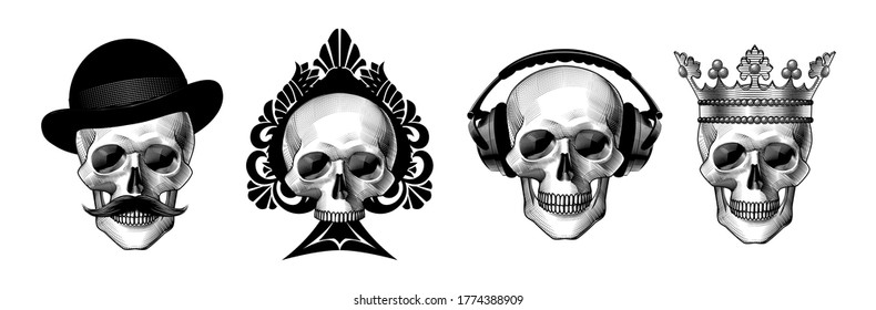 Set of Skull Characters Isolated on White Background. Vintage engraving stylized drawing. Vector illustraiton
