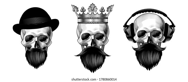 Set of Skull Characters Isolated on White Background. Vintage engraving stylized drawing. Vector illustraiton