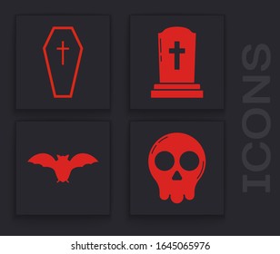 Set Skull , Coffin with christian cross , Tombstone with cross  and Flying bat  icon. Vector