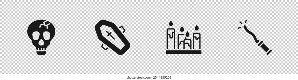 Set Skull, Coffin with cross, Burning candle and Magic wand icon. Vector