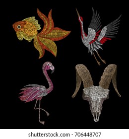 set, a skull of a cow, a flamingo, a goldfish, a crane. Traditional folk stylish stylish floral embroidery on the black background. Sketch for printing on fabric, clothing, bag, accessories, design. 