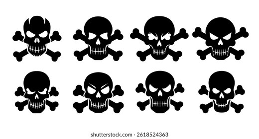Set of skull and crossbones silhouette vector set isolated on white background.