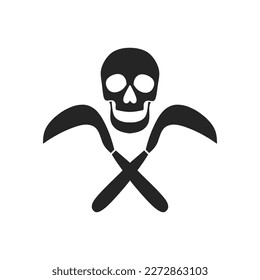 set of skull with crossed scythe flat icon, isolated on white background. skull, head, scythe, crossed scythe, crossbones, sickle, farmer, clipart, sticker, simple, flat, logo, vector illustration