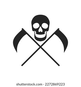 set of skull with crossed scythe vector, logo, icon, isolated on white background. skull, scythe, head, farmer, weapon, crescent, bone, danger, black, clipart, sticker, flat icon, vector illustration