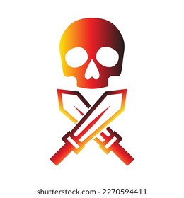 conjunto de cráneo con el logo cruzado de la espada, icono, aislado en fondo blanco. cráneo, cabeza, hueso, esqueleto, arma, espada, cruz, cruzada, cuchilla, cortada, cuchillo, miniespada, bombero, ilustración vectorial