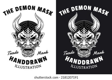 Set Skull Dark Art Japanese Mask Devil Demon Hand Drawn Engraving Style
