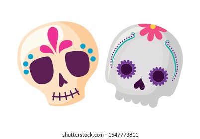 set skull death icon traditional mexican vector illustration design