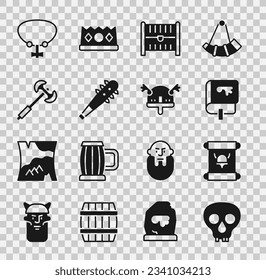 Set Skull, Decree, parchment, scroll, Viking book, Antique treasure chest, Mace with spikes, Medieval poleaxe, Necklace gem and horned helmet icon. Vector