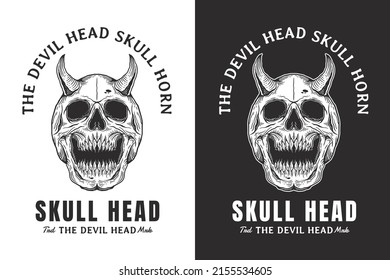 Set Skull Devil Horn Head Hand drawn Hatching Outline Symbol Tattoo Merchandise T-shirt Merch vintage