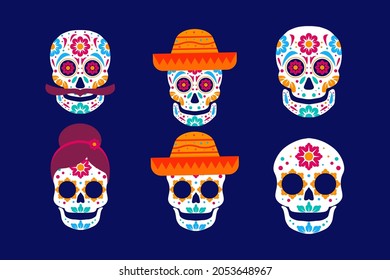 set of skull dia de muertos hand drawn vector