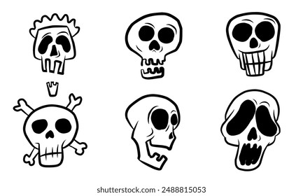 Set Skull Doodles Vector isolated on white background. skull hand drawn. 