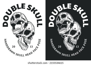 Set Skull Double Face Dark illustration Beast Skull Bones Head Hand drawn Hatching Outline Symbol Tattoo Merchandise T-shirt Merch vintage