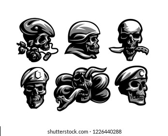 Set of Skull emblems. Patriotic, military, biker badge. Vector illustration.