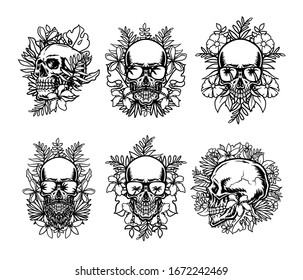 Set of skull and exotic tropical flowers, isolated on black background