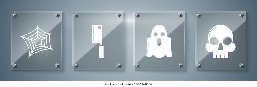 Set Skull , Ghost , Meat chopper  and Spider web . Square glass panels. Vector