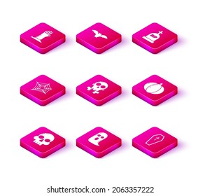 Set Skull, Ghost, Spider web, on crossbones, Coffin with christian, Pumpkin, Tombstone RIP and Flying bat icon. Vector