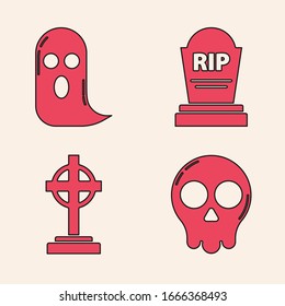 Set Skull , Ghost , Tombstone with RIP and Tombstone with cross  icon. Vector