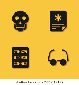 Set Skull, Glasses, Pills in blister pack and Patient record icon with long shadow. Vector