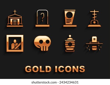 Set Skull, Grave with cross, coffin, Funeral urn, Mourning photo frame, tombstone, Old crypt and  icon. Vector