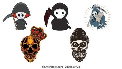 set of skull grim reaper cartoons vector